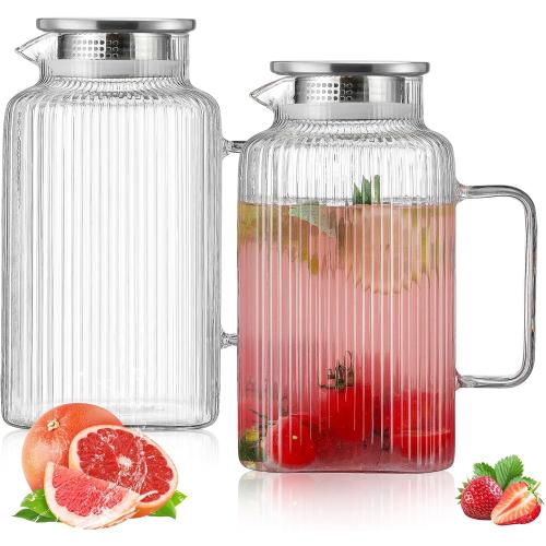 2 Pack 84oz/2.4 Liter Glass Pitcher with Vertical Stripes, Lid and Spout for Cold Brew Coffee, Hot Water, Milk, Lemonade Juice