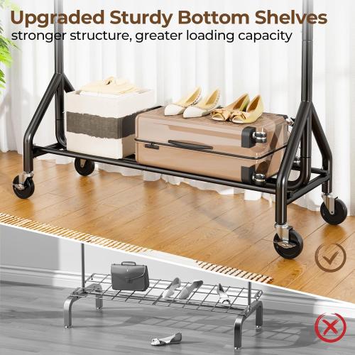 Black Heavy Duty Clothes Rack Load 450 LBS, Metal Garment Rack, Standing Rolling Clothing Rack for Hanging Clothes with Sturdy Wheels & Shelves, Portable Closet Wardrobe Rack,Black
