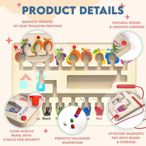 Magnetic Maze Board for Kids Age 3-5, Montessori Educational Wooden for All Toddlers 3 Busy Board, Preschool Learning Adventure, Fine Motor Skills, Fruits Colors Puzzle, Autism-Friendly Toy