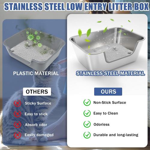 Stainless Steel Cat Litter Box with Low Entry,Litter Pan for Big Kitty and Multiple Cats,Easy to Clean,Non-Stick,Odor-Free,Suitable for Kittens,Senior Cats and Injured Pets,23.6x15.7x5.9