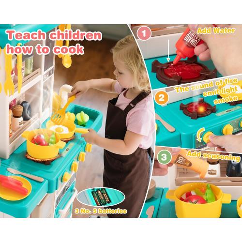 50Pc Green Kids Kitchen Play Set，Interactive Kids Kitchen Play Set with 50Pcs of Pretend Kitchen Toys，Realistic Sound Effects，and Simulated Functionality - Suitable for Toddlers Aged 3-5 Years (Green)