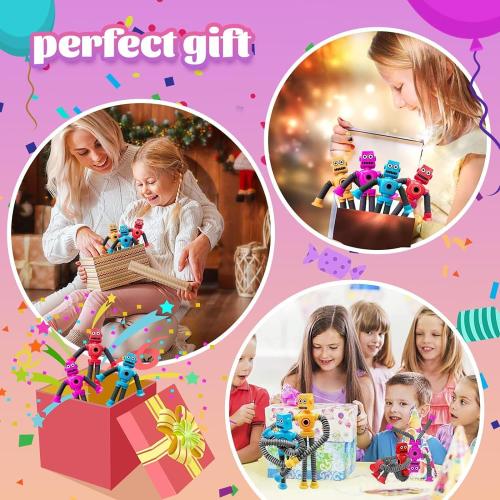 Set of 4 Valentines Day Gift for Kid Toddlers Boy Year Old Age 3 4 5 6 7 8, Set of 4 Flexible Fidget Toys, Telescopic Suction Cup & Pop Tube Robot, Autistic Easter Basket Christmas Stocking Stuffers