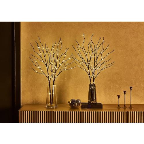 Fudios Lighted Brown Branches with Timer 32 in 100 LED for Vases Battery Operated, Artificial Willow Branch Twigs with Warm White Lights for Christmas Holiday Party Decor
