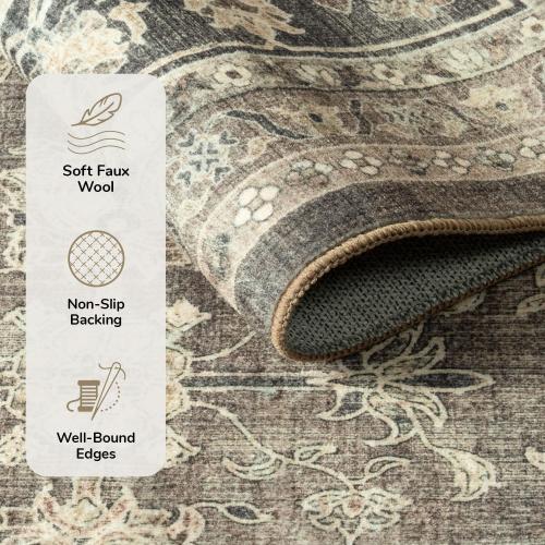 Area Rugs for Living Room, Machine Washable Non Slip Rug, Soft Low Pile Carpet for Bedroom Dining Home Office, Vintage Brown Distressed Floral Floor Mat