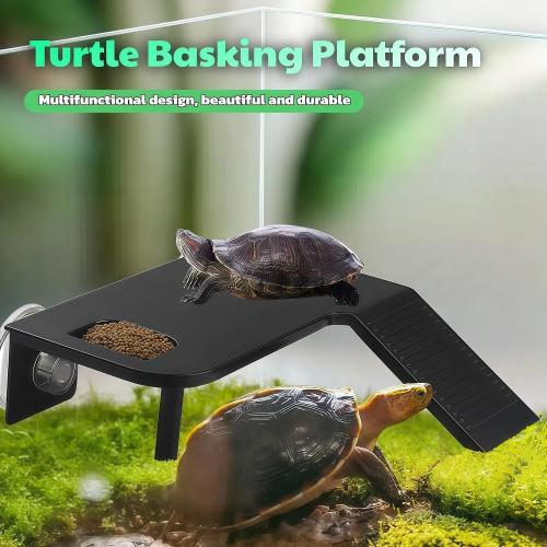 Turtle Basking Platform with Feeding Area,Turtle Basking Platform Large-with Two Strong Vacuum Suction Cups and Support Base,Suitable for Deep-Water and Semi-Aquatic Turtles (Black, Large)