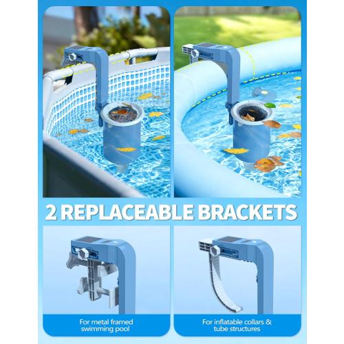 BluSwim Above Ground Pool Skimmer with Solar Digital Thermometer | Wall Mount Surface Skimmer - Auto Skimming Pool Floating Debris | 2 Upgraded Bracket - Stable&Height Adjustable-Steel Blue