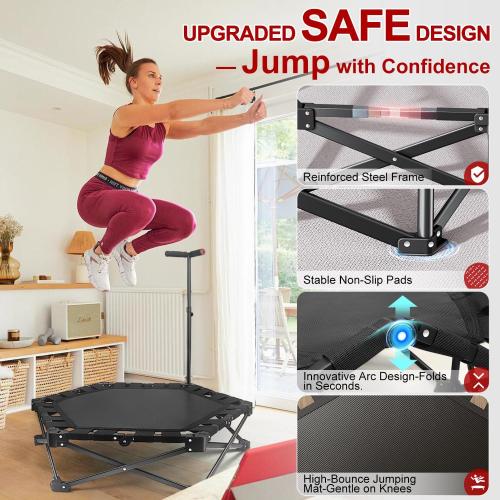 Foldable Mini Trampoline — One-Step Fold & Open, 42 Rebounder Trampoline for Adults & Kids, 450lbs Max Load, Adjustable T-Bar, Indoor & Outdoor Workout