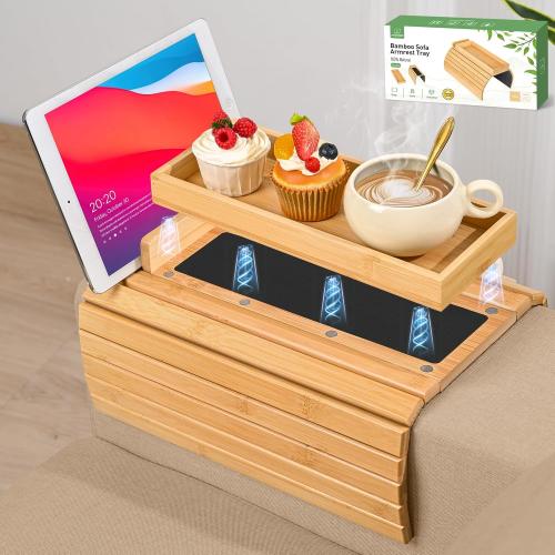 Joy&Grace Couch Arm Tray, 3-in-1 Magnetic Detachable Sofa Arm Table with Phone and Tablet Holder Bamboo Couch Cup Holder, Foldable Sofa Armrest Tray for Eating, Drinks, Phones (Natural)
