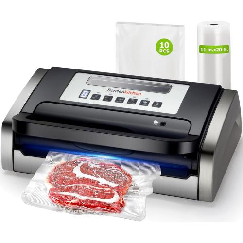 Bonsenkitchen Vacuum Sealer Machine, Globefish Technology for Perfect Vacuum Sealing, Powerful Low-Noise Food Vacuum Sealer with Easy Handle Design, Built-in Cutter & Bag Storage, 1 Bag Roll & 10 Bags
