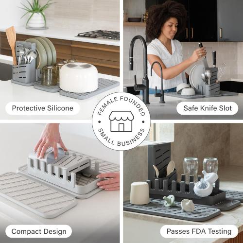 Dorai Home Collapsible Dish Drying Rack and Stone Pad – Foldable Drying Rack with Instant-Dry Stone Mat – Space-Saving Collapsible Drainer for Kitchen Counter - 19.9 x 15.2 (Slate)