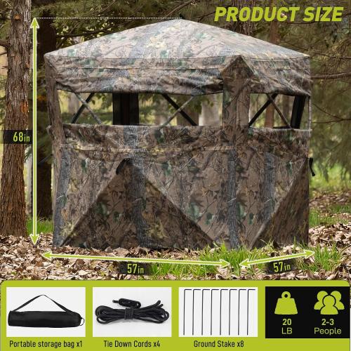 Hunting Blind, 360° See Through Ground Blind for Turkey Hunting, Turkey Ground Blind, Hunting Blind for Turkey & Deer, 2-3 Person Pop Up Portable Camouflage Tent with Carrying Bag