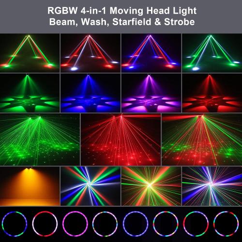 Moving Head DJ Lights,120W Party Light 4 Arm RGBW 4-in-1 Bee-Eyes Beam/Wash/Red Green Starry Sky Golden Strobe Halo Ring Effect Light,Sound-Active/DMX/Remote Control for Party Club Stage Show