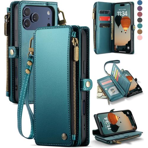 Defencase Compatible with iPhone 17 Pro Case Wallet with RFID Blocking Card Holder for Women and Men, PU Leather Magnetic Snap Flip Zipper Strap Wallet Phone Case for iPhone 17 Pro 6.3, Blue Green