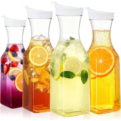 4 Pack Plastic Carafe with Lids, 1 Liter Large Mimosa Bar Juice Drink Containers Clear Beverage Square Base Bottle for Fridge, Water, Milk, Iced Tea, Hand Wash