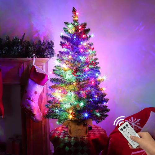 3 ft Artificial Mini Christmas Tree, Remote Control and Timer, Tabletop Small Christmas Trees 50 Warm White&Colorful Dual Color Lights 110 Tips 12 Pinecones 12 Red Berries Burlap Base Home Xmas Decor