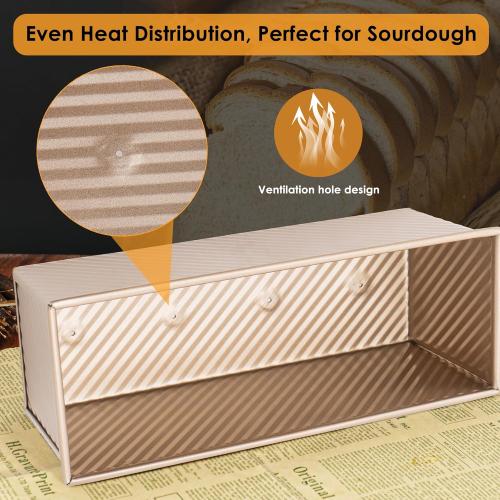 Bronze 2-pack 2.2lb Gold Pullman Loaf Pan with Lid, Premium Non-Stick Coating Bread Pan, PFTE and PFOA-Free, Safe and Healthy Baking for Homemade Bread with Family-sized Recipes