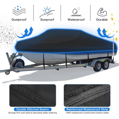 Heavy Duty 1200D PU Waterproof Boat Cover, 20'- 22' Trailerable Marine Grade Polyester Canvas, Fits 20-22ft V-Hull, Bass Boat, Runabout, Ski, Fishing Boat with Tightening Strap, Black