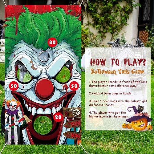 Halloween Carnival Party Games, Clown Toss Games Banner with 4 Bean Bags Set for Indoor Outdoor Toss Across Game for Boys Girls Birthday Party Supplies Decoration Hanging Banner Throwing Game