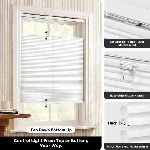 Lazblinds Upgraded Top Down Bottom Up (TDBU) Honeycomb Blinds, No Drill No Tools Easy Install Cordless Cellular Shades for Windows 20 W x 48 H, White - Light Filtering