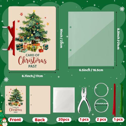 CJiangpo Christmas Card Keeper Set - Wooden Christmas Greeting Card Holder with 20 Protectors Velvet Ribbon Rings Hole Punch Keepsake Book Binder Postcards Storage Holiday Photo Album Keeper Xmas Gift