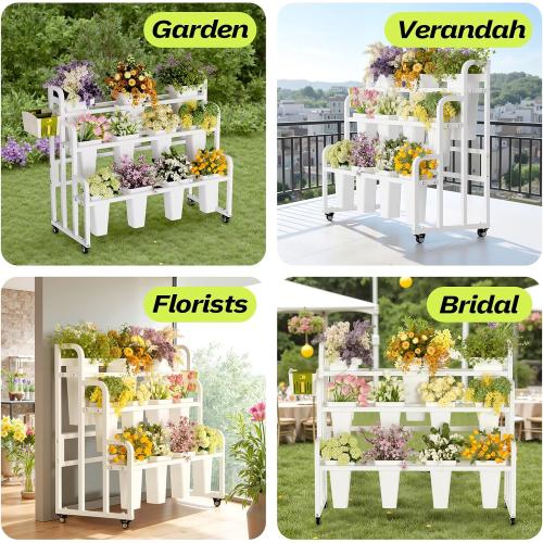 Flower Display Stand with 11 Buckets, Moving Florist Bouquet Shelf, Upgrade 360° Swivel Wheels and Brake, Flower Cart 3 Layers for Indoor, Outdoor Patio Garden, Living Room, Florist (White)