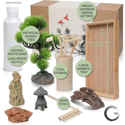 ENSO - Japanese Zen Garden for Desk - Extra Large 16 x 8 Desktop Mini Zen Garden with White Sand, Artificial Bonsai Tree, Rocks, Rakes & Accessories - Zen Gifts Sand Garden Kit for Office Decor