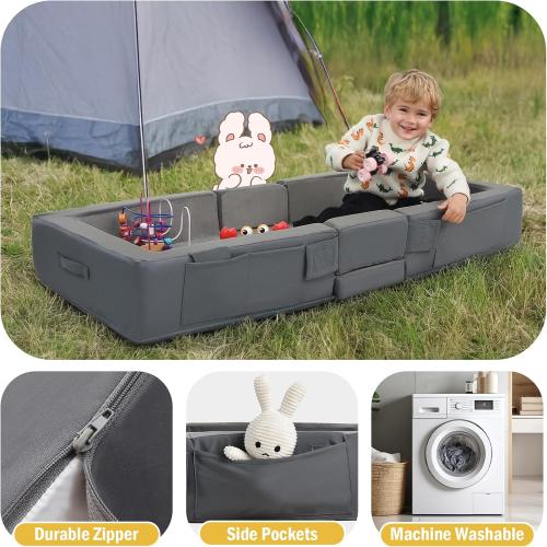 ENITYA Toddler Travel Bed – Portable Foldable Soft Foam Floor Bed for Kids 1–4yr, No Assembly, Washable Cover, Built-in Safety Rails, Compact for Travel & Home Use, Grey