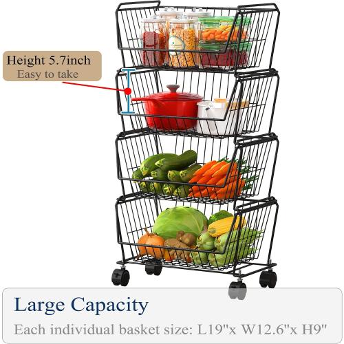PUSDON 4-Tier Large Stackable Wire Storage Baskets with Wheels, Metal Rolling Utility Cart Organizer, Produce Basket for Kitchen Pantry, Floor Shelf, Matte Black