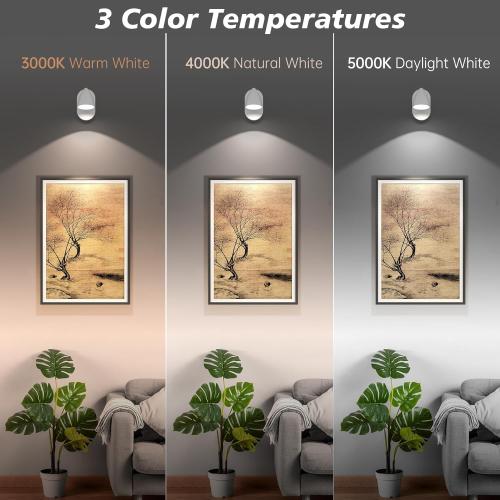 Color White Rechargeable LED Spotlight Indoor,Wireless Picture Spot Lights for Wall Paintings Battery Operated,Accent Artwork Lighting with Remote,Dimmable,Color Temperature Adjustable,White