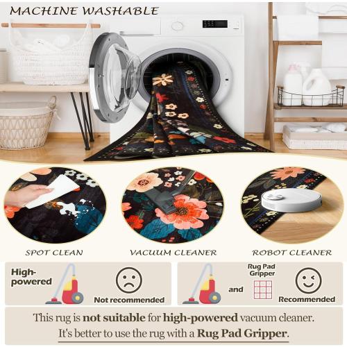 Floral 5x7 Area Rug Machine Washable Soft Print Boho Carpet Non Slip Doormat Low Pile Flower Area Rugs for Living Room Bedroom Nursery Kitchen Dining Room Indoor-Black