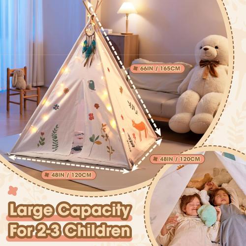 Teepee Tent for Kids with Colorful Flag, Kids Play Tent Indoor with Thicked Mat & Dream Catcher, Toddler Tent with Storage Pockets and Mesh Window for Reading Nook and Imaginative Games