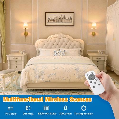 Battery Operated Wall Sconce Set of 2,Gold Rechargeable Wall Lights with 10400mAh Dimmable Bulbs and Remote,10 Colors Wireless Wall Lamps for Bedroom Living Room Hallway Decor