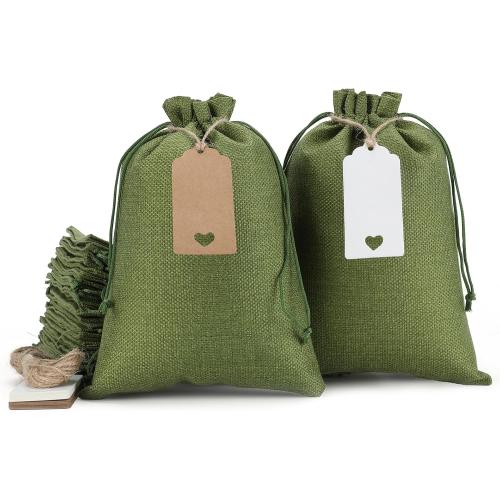 Tapleap Gift Bags - 30Pcs 7x10 Green Burlap Sacks with Tags and String for Wrapping Halloween Gifts, Wooden Cross, For Birthday, Wedding, Party, Church