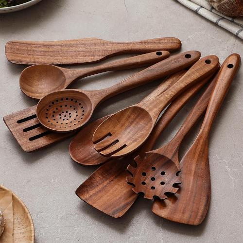 Wooden Spoons for Cooking, **12 Pcs *Teak Wood Kitchen Utensils Set with Spoon Rest - Nonstick Heat Resistant Wooden Cooking Utensils, Natural Healthy Spatula Set for Pots and Pans