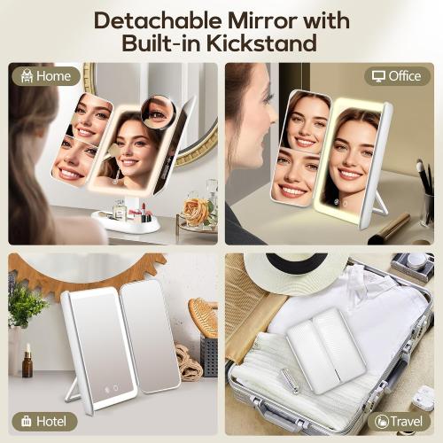 GOMIPURU Makeup Mirror with Lights and 30X/10X/5X Magnification, Vanity Mirror with 3 Color Lights, Rechargeable, Detachable, Lighted Makeup Mirror with Magnification, Trifold Mirror, Gifts, White