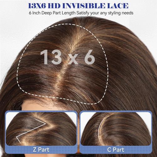 HAIRCUBE 13x6 HD Lace Front Wig Synthetic 22 Inch Dark Brown Highlight Long Wave Layered Glueless Wig for Women, Natural Look Daily Wear