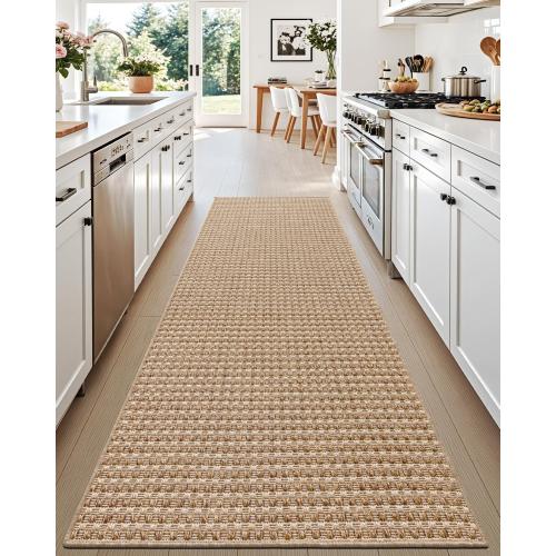 DEXI Hallway Runner Rug 3.3x6.7, Woven Braided Farmhouse Runner Carpet Indoor, Absorbent Thin Long Entryway Runners for Kitchen, Laundry Room, Patio Entrance, Checkered Beige