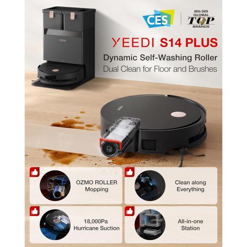Yeedi S14 Plus Robot Vacuum and Mop, 18,000Pa Suction, OZMO Roller Mopping, ZeroTangle 2.0, TruEdge 3D Sensor, All-in-One Station with Auto Hot Water Washing & Self-Drying, Black