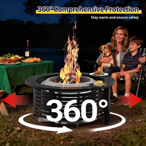 Fire Pit Surround Tabletop for Solo Stove Bonfire & Ranger 2.0 with Heat Shield, 36'' Powder-Coated Iron Surround Solo Stove Accessories for Safety & Extra Space, 25 Inner Fits Most Firepits, Black