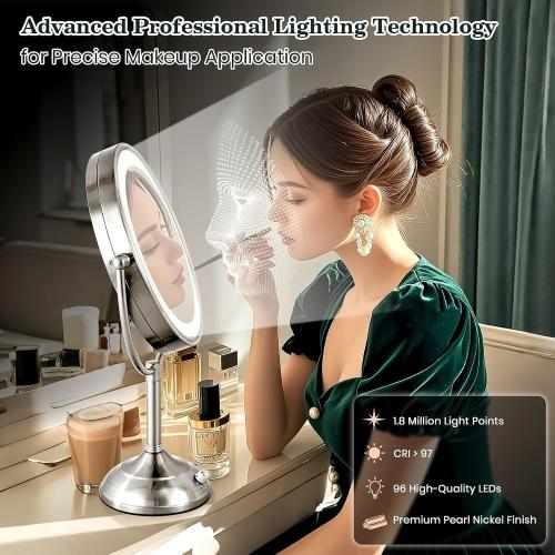 VESAUR 11.8 Extra Large 17 Tall Lighted Makeup Mirror, 1X/5X/10X 3-Sided Magnifying Mirror with 96 LEDs, 3 Color Dimmable Lights, 360° Swivel Dual Power Vanity Mirror, Nickel Finish Luxury Gift Box