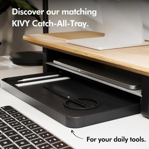 KIVY Dual Monitor Riser With Integrated Metal Shelf [MADE BY HAND] - Wooden Desk Shelf for 2 Monitors - Wide Long Stand for Desk (44 x10x3in - Black)