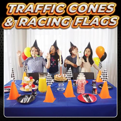 Bedwina Race Car Birthday Party Decorations - (36 Pcs) 12 - 8-Inch Orange Mini Cones for Kids & 24 Black & White Checkered Flags on Sticks - Race Car Themed Birthday Party Decor & Centerpiece Supplies