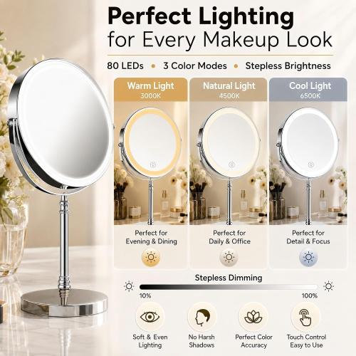 DEIOVWXS Makeup Mirror, Rechargeable Vanity Mirror with 3 Lights, 1X/10X