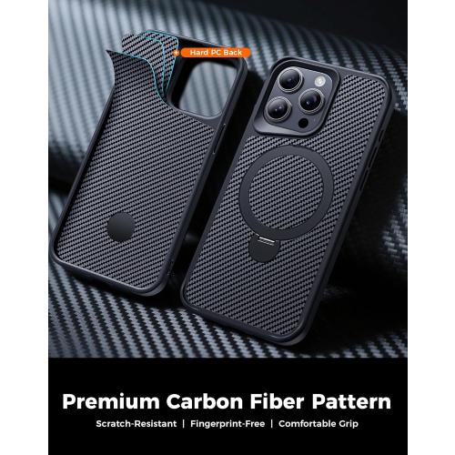 FlyReal Designed for iPhone 15 Pro Max Case with 360° Magnetic Stand, Carbon Fiber Phone Case [Compatible with Magsafe] [16FT Military Protection] with Stand Ring 6.7'', Black