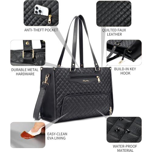 Lunch Tote Bag for Women, 15.6 Inch Laptop Work Bag with Insulated Lunch Box Compartment & Purse Large Capacity Quilted Computer Handbag for Office Business Work Nurse Teacher Travel Casual