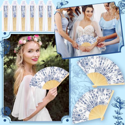 25 Sets Blue Floral Hand Folding Fans with Organza Bags Bulk Blue Flower Wedding Favors for Guests Vintage Foldable Paper Fans for Bridal Shower Wedding Bridesmaid Thank You Gift Decorations