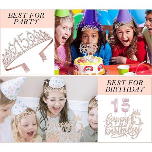 15th Birthday Decorations for Girls, 15th Birthday Sash and Crown, Cake Topper, Number Candles and Balloons, 15 Year Old Gifts for Girls