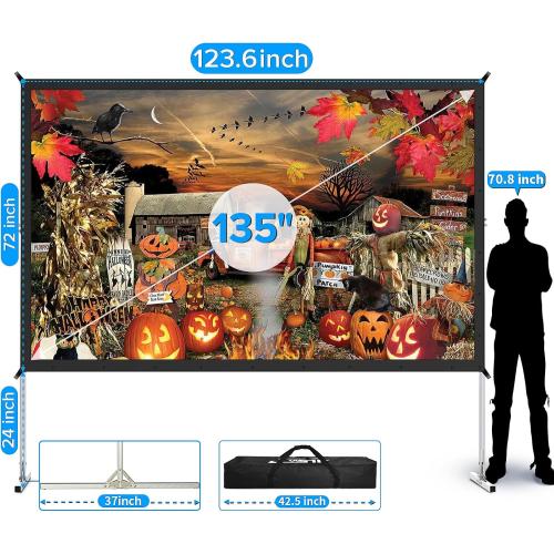 Projector Screen and Stand,JWSIT 135 inch Outdoor Movie Screen-Upgraded 3 Layers PVC 16:9 Outdoor Projector Screen,Portable Video Projection Screen with Carrying Bag for Home Theater Backyard