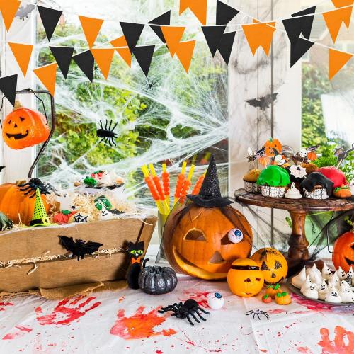 Tatuo 200 Feet Solid Pennant Banners Flags String Triangle Hanging DIY Bunting Flags Party Decorations for Grand Opening Party Banners for Kids Birthday, Shops (Black and Orange)