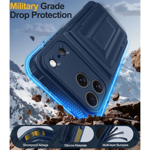 for iPhone 17 Pro Case with Card Holder（4-5 Cards）[9H Screen Protector ][Full Camera Protection][RFID Blocking][Hidden Kickstand] Rugged Heavy Duty Wallet Case for iPhone 17 Pro (Dark Blue)